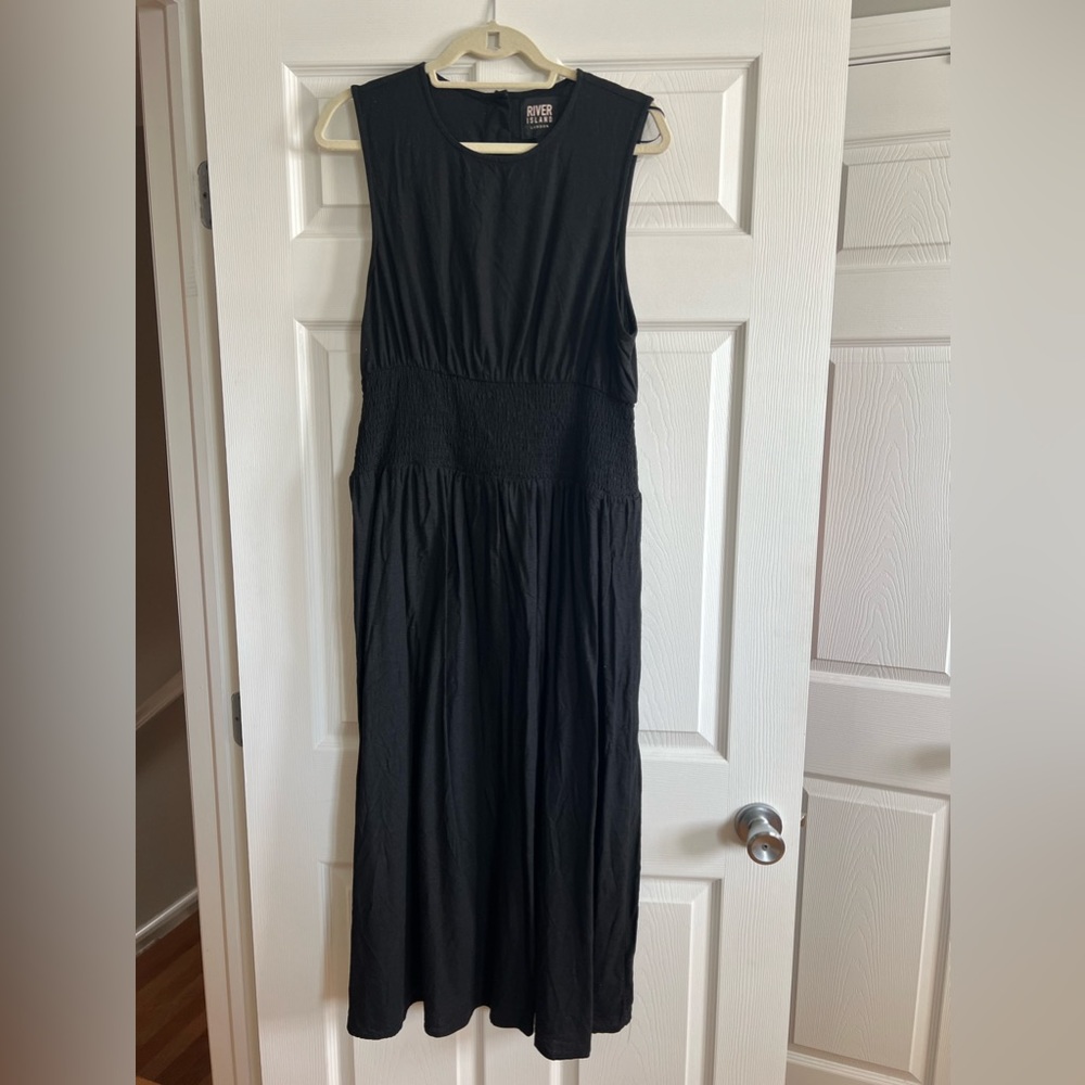 Elastic ruched waist black linen blend midi dress
